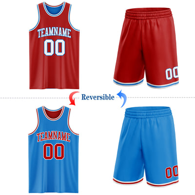 Custom Reversible Red White-Powder Blue Double Side Sublimation Basketball Suit Jersey