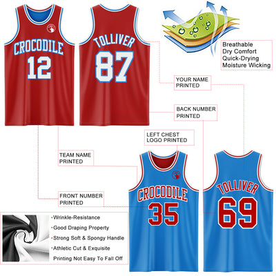 Custom Reversible Red White-Powder Blue Double Side Sublimation Basketball Suit Jersey