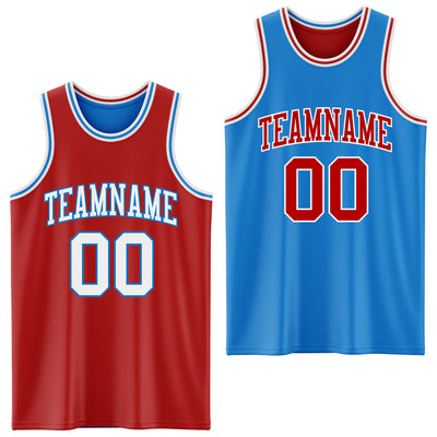 Custom Reversible Red White-Powder Blue Double Side Sublimation Basketball Suit Jersey