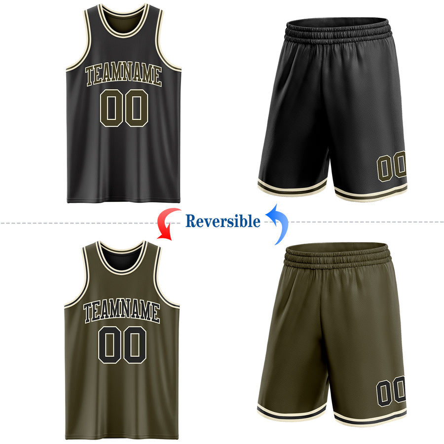 Custom Reversible Black Olive-Cream Double Side Sublimation Basketball Suit Jersey