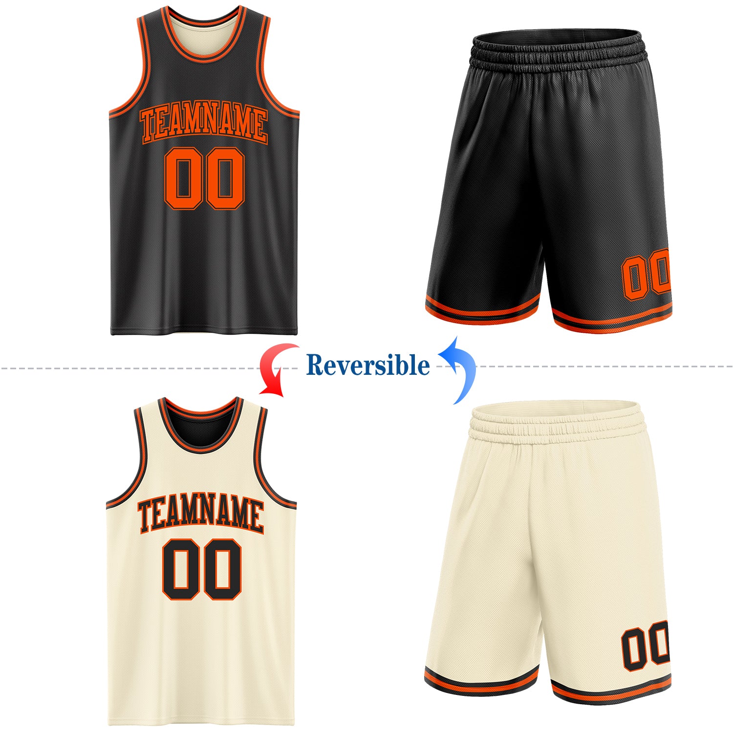 Custom Reversible Black Orange Double Side Sublimation Basketball Suit Jersey