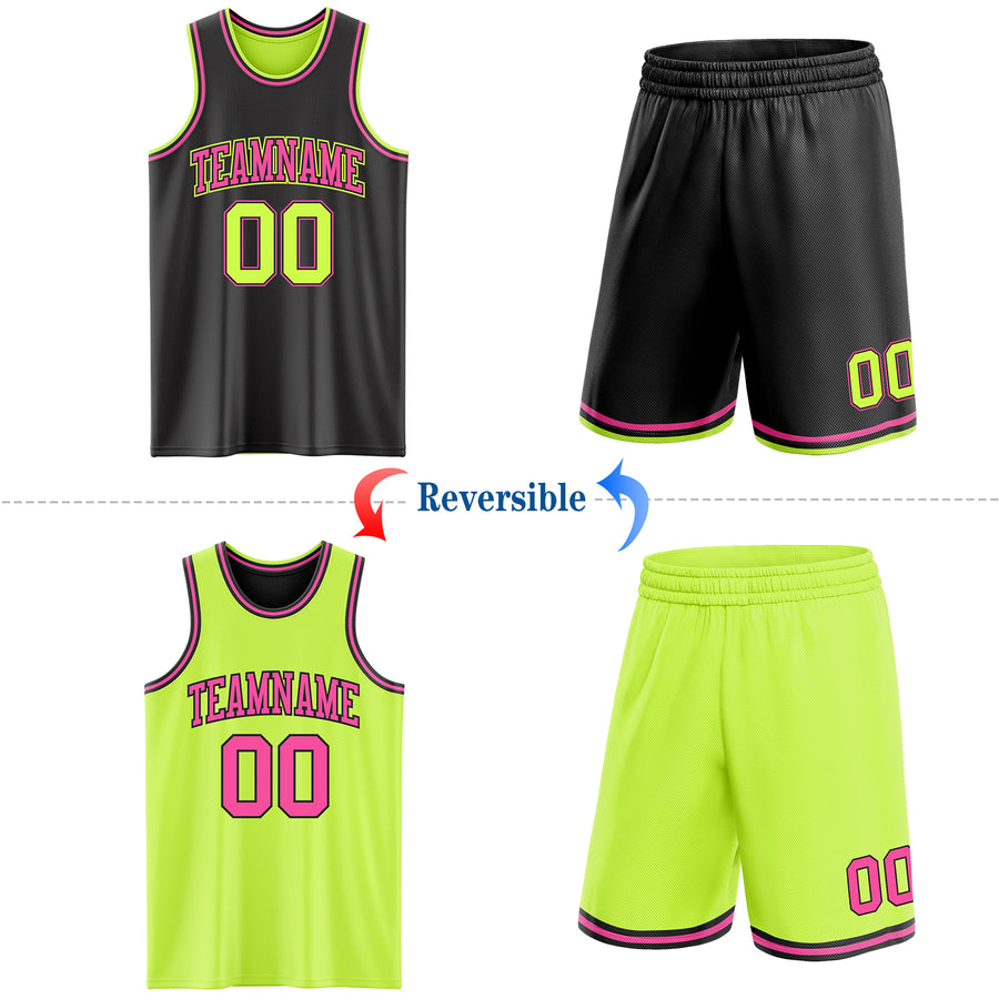 Custom Reversible Black Neon Green-Pink Double Side Sublimation Basketball Suit Jersey