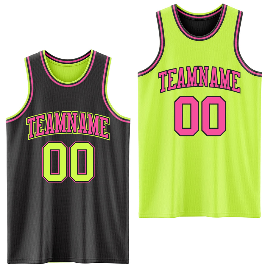 Custom Reversible Black Neon Green-Pink Double Side Sublimation Basketball Suit Jersey