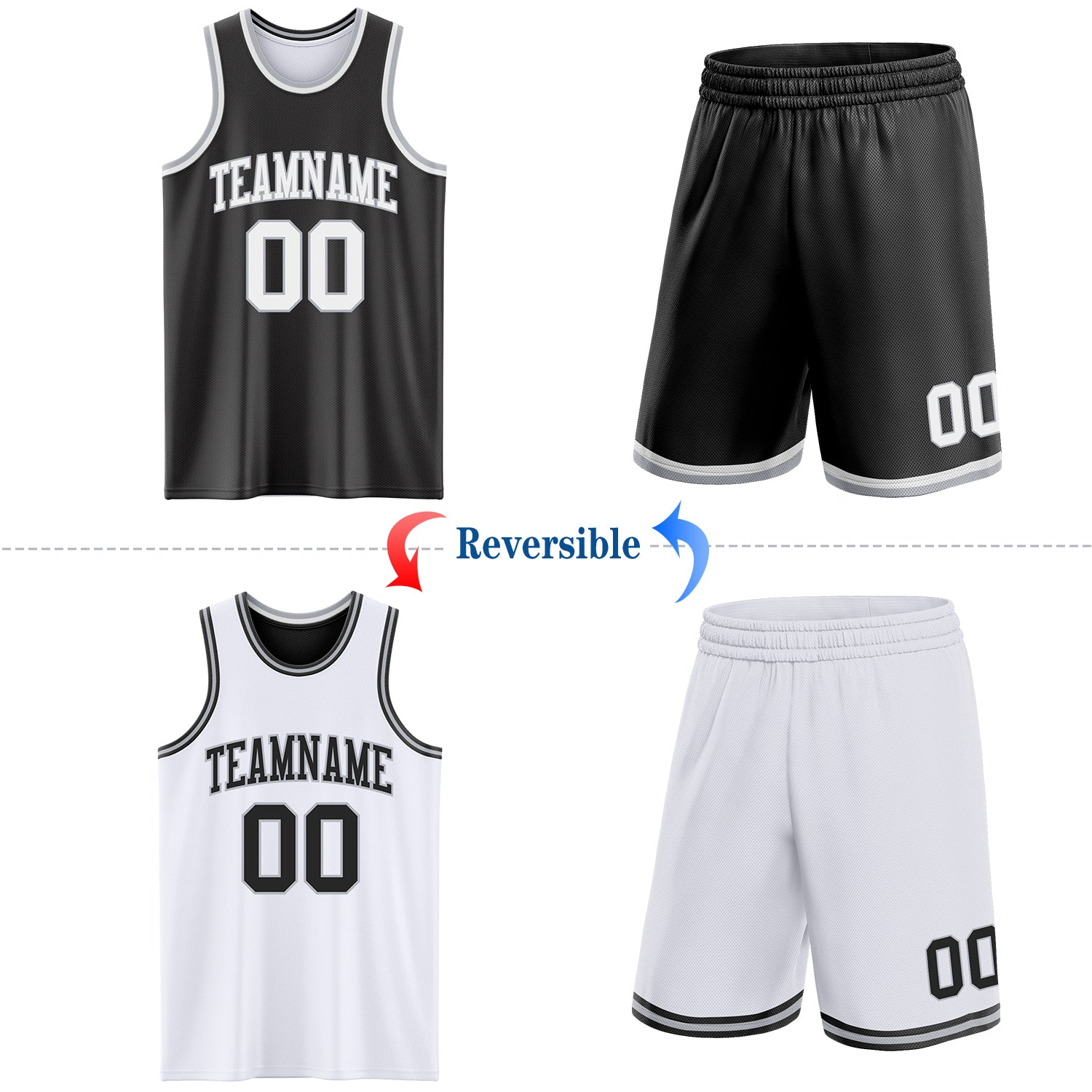 Custom Reversible Black White-Gray Double Side Sublimation Basketball Suit Jersey