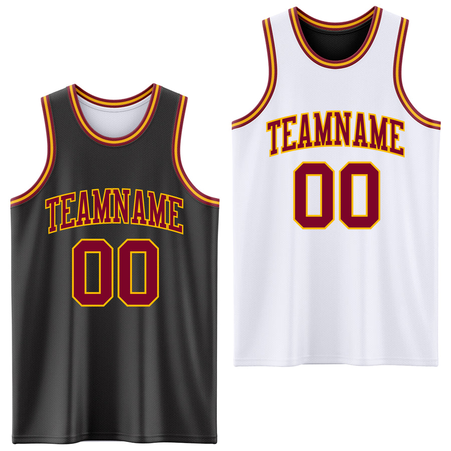 Custom Reversible Black Maroon-Gold Double Side Sublimation Basketball Suit Jersey
