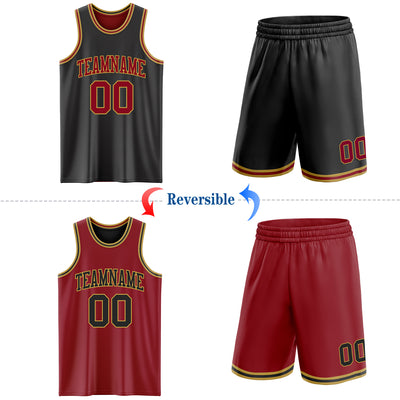 Custom Reversible Black Maroon-Old Gold Double Side Sublimation Basketball Suit Jersey