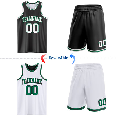 Custom Reversible Black White-Kelly Green Double Side Sublimation Basketball Suit Jersey