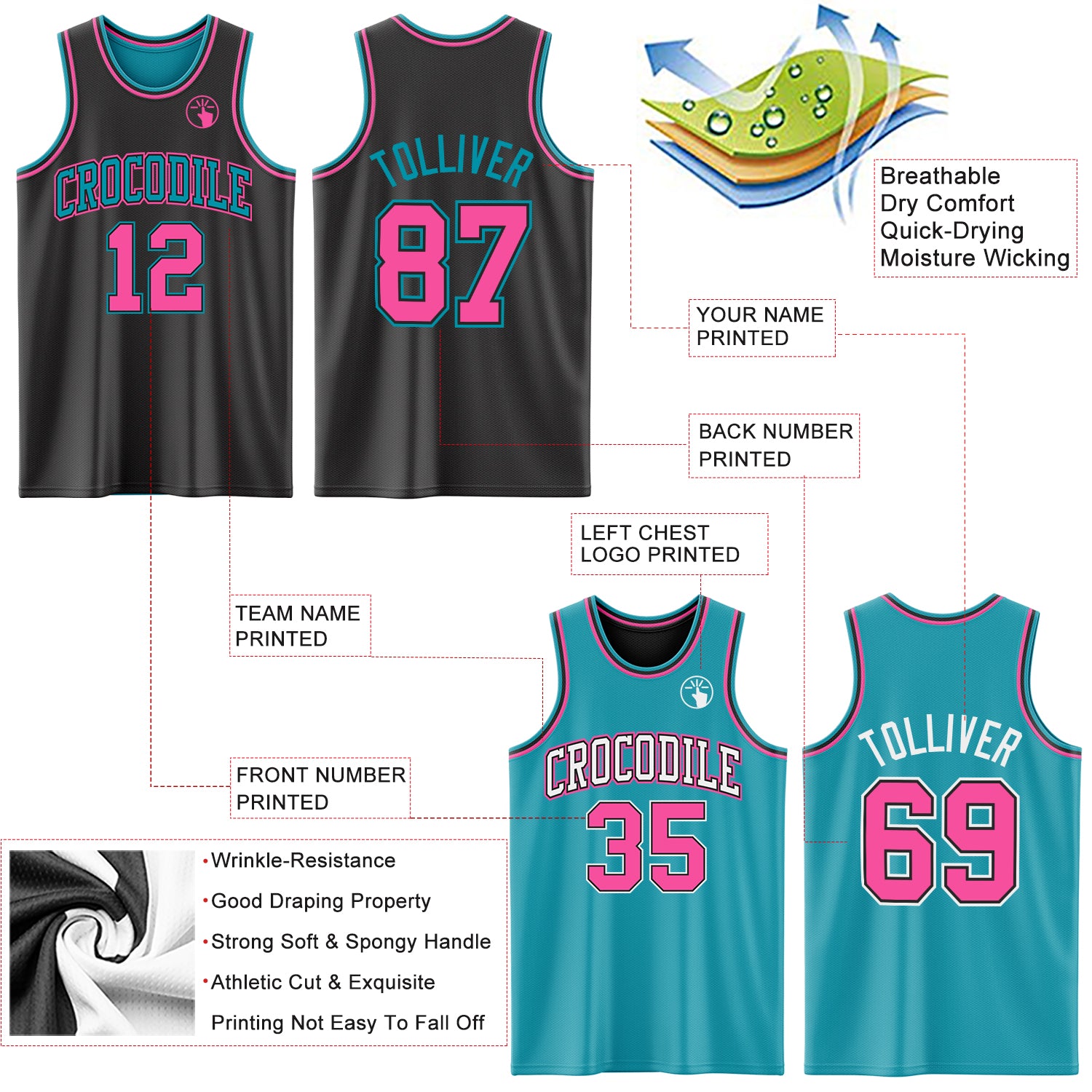 Custom Reversible Black Pink-Teal Double Side Sublimation Basketball Suit Jersey