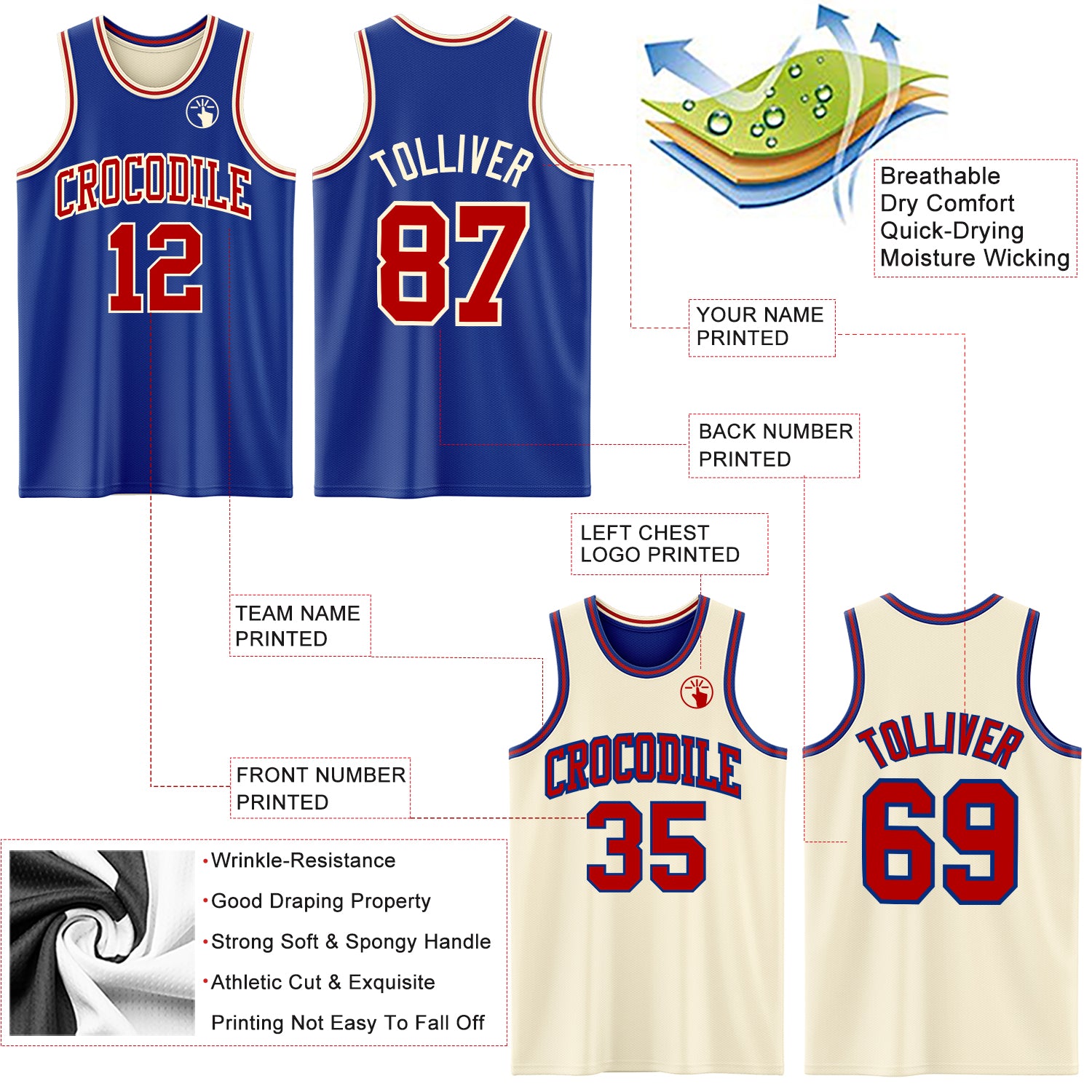Custom Reversible Royal Red-Cream Double Side Sublimation Basketball Suit Jersey