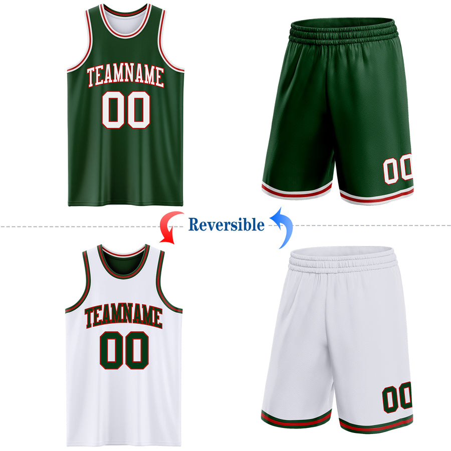 Custom Reversible Green White-Red Double Side Sublimation Basketball Suit Jersey