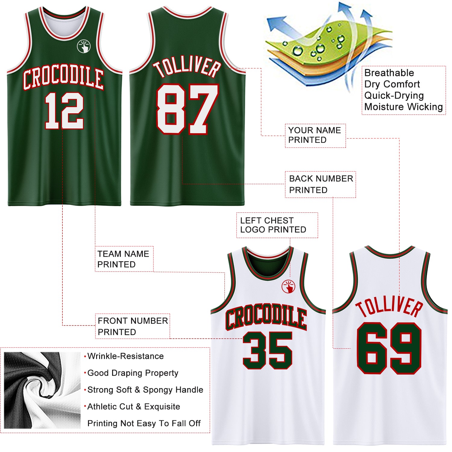 Custom Reversible Green White-Red Double Side Sublimation Basketball Suit Jersey