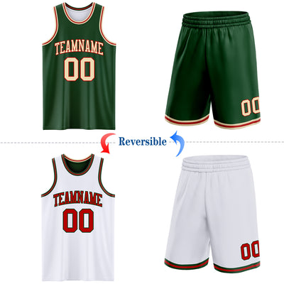 Custom Reversible Green Cream-Red Double Side Sublimation Basketball Suit Jersey