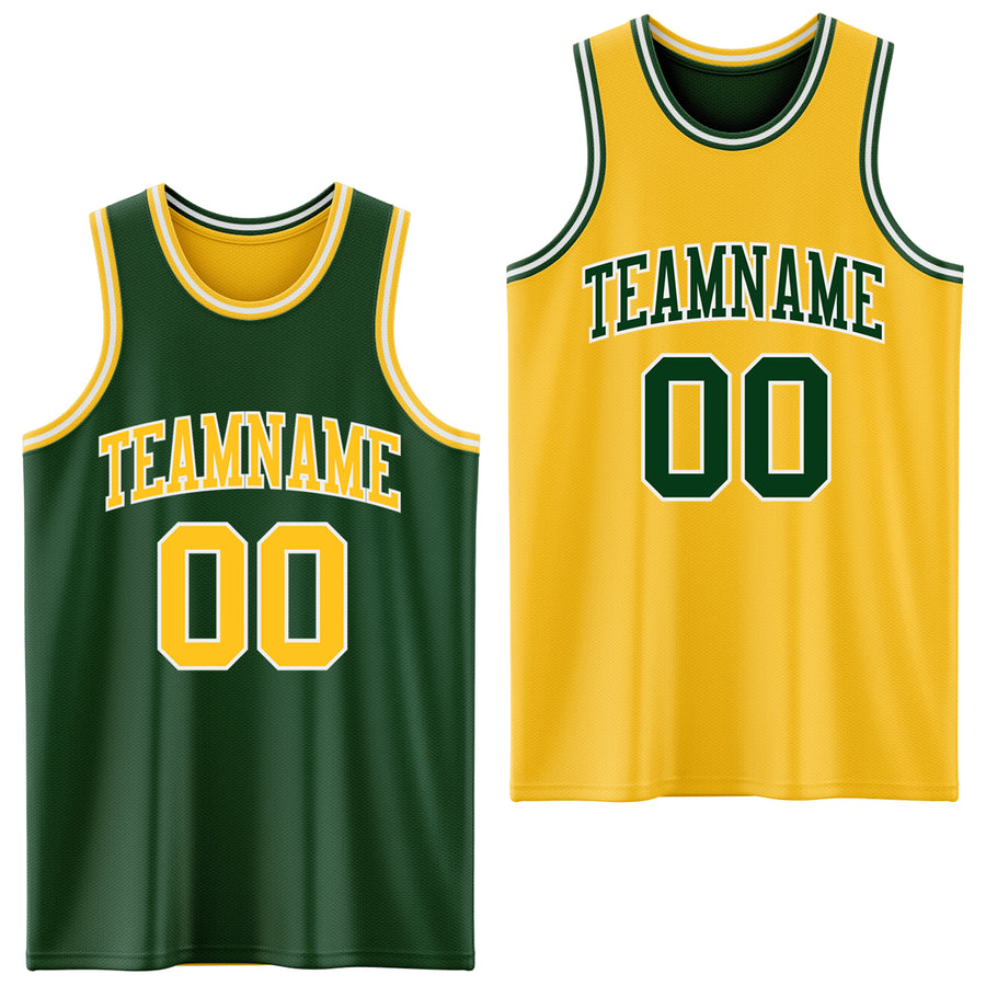 Custom Reversible Green Gold-White Double Side Sublimation Basketball Suit Jersey