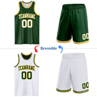 Custom Reversible Green White-Gold Double Side Sublimation Basketball Suit Jersey