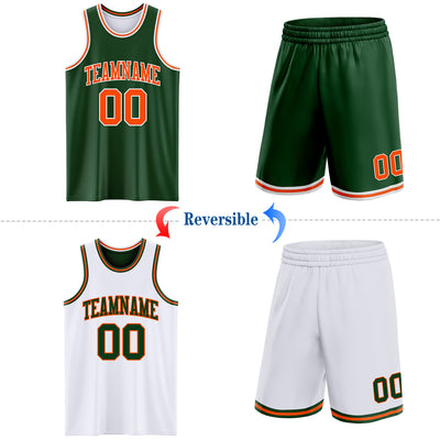 Custom Reversible Green Orange-White Double Side Sublimation Basketball Suit Jersey