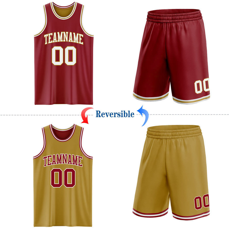 Custom Reversible Maroon White-Old Gold Double Side Sublimation Basketball Suit Jersey