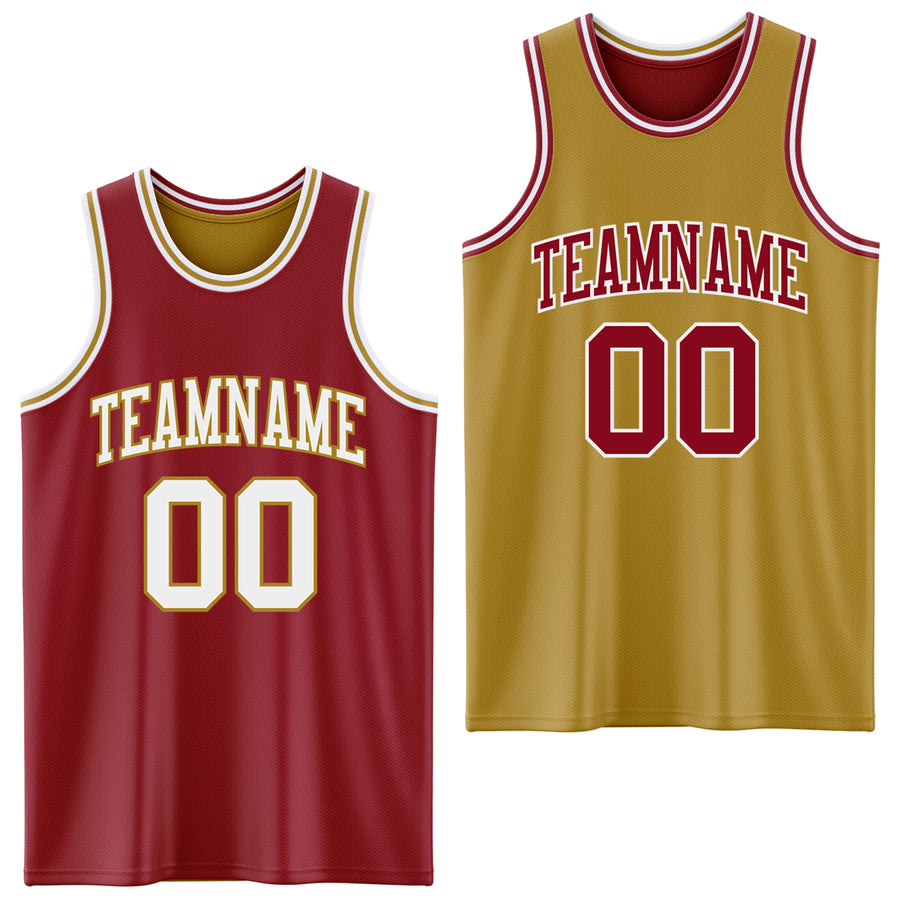 Custom Reversible Maroon White-Old Gold Double Side Sublimation Basketball Suit Jersey