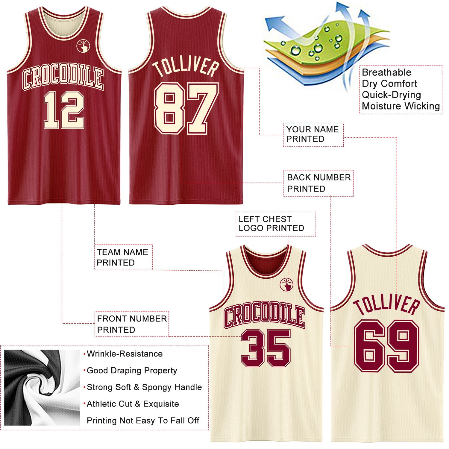 Custom Reversible Maroon Cream Double Side Sublimation Basketball Suit Jersey