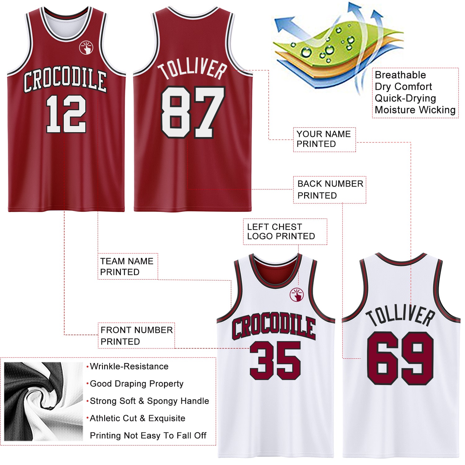 Custom Reversible Maroon White-Black Double Side Sublimation Basketball Suit Jersey