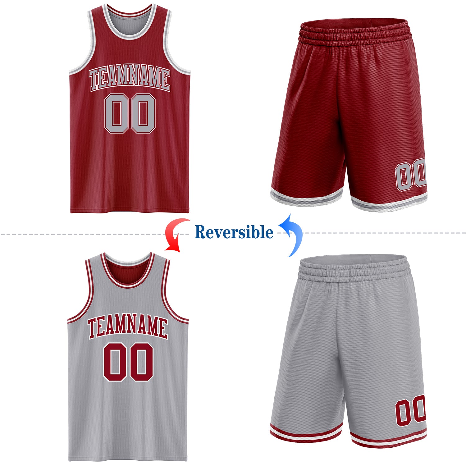 Custom Reversible Maroon Gray-White Double Side Sublimation Basketball Suit Jersey