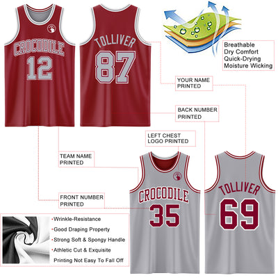 Custom Reversible Maroon Gray-White Double Side Sublimation Basketball Suit Jersey
