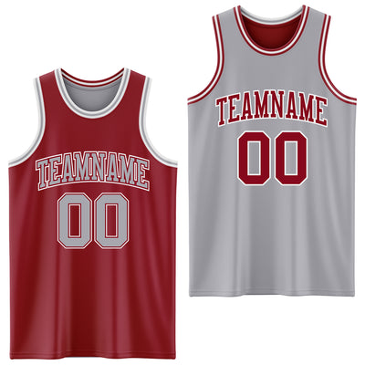 Custom Reversible Maroon Gray-White Double Side Sublimation Basketball Suit Jersey