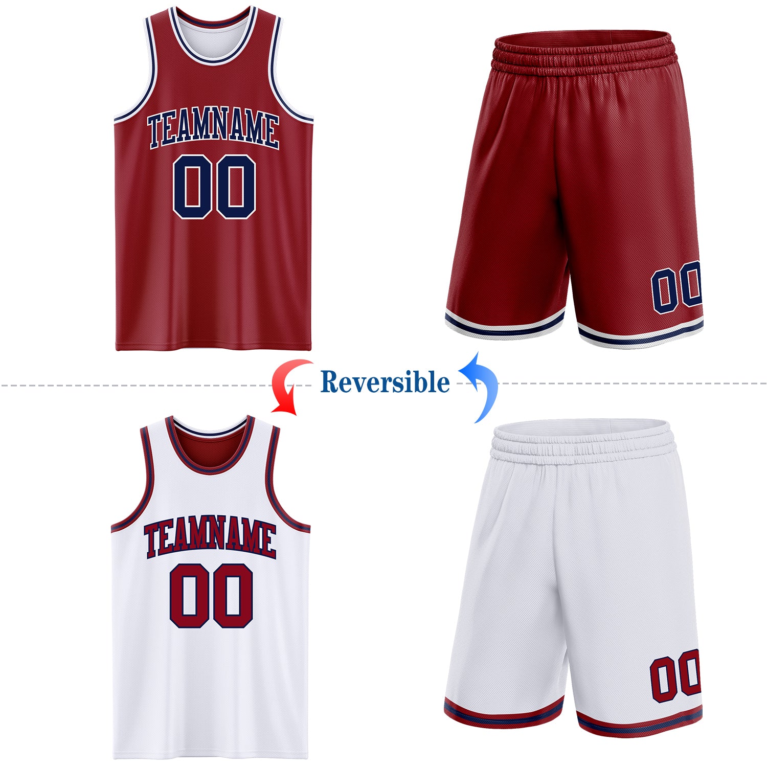 Custom Reversible Maroon Navy-White Double Side Sublimation Basketball Suit Jersey