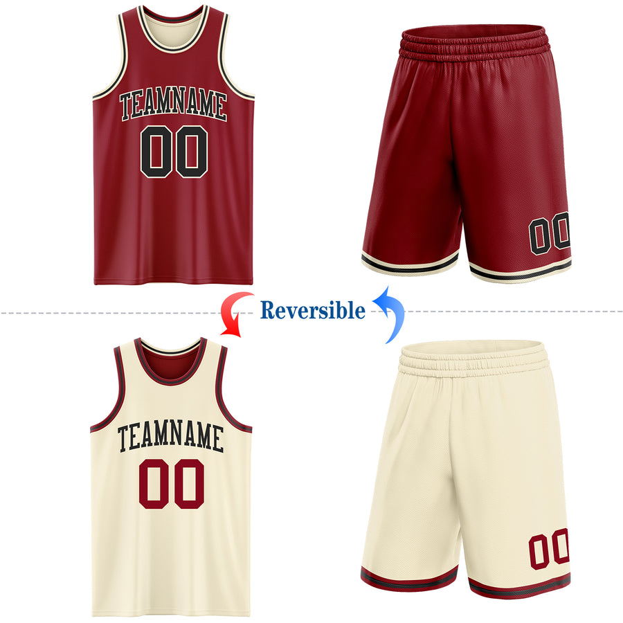 Custom Reversible Maroon Black-Cream Double Side Sublimation Basketball Suit Jersey