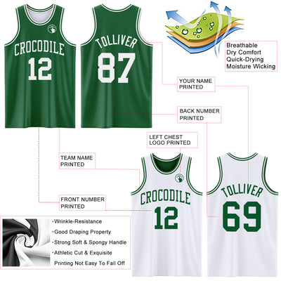 Custom Reversible Kelly Green White Double Side Sublimation Basketball Suit Jersey
