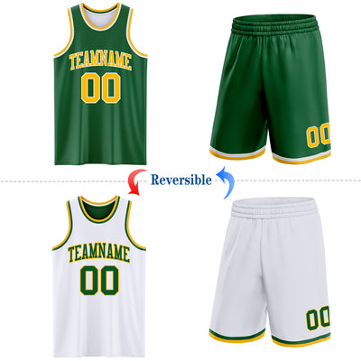 Custom Reversible Kelly Green Gold-White Double Side Sublimation Basketball Suit Jersey