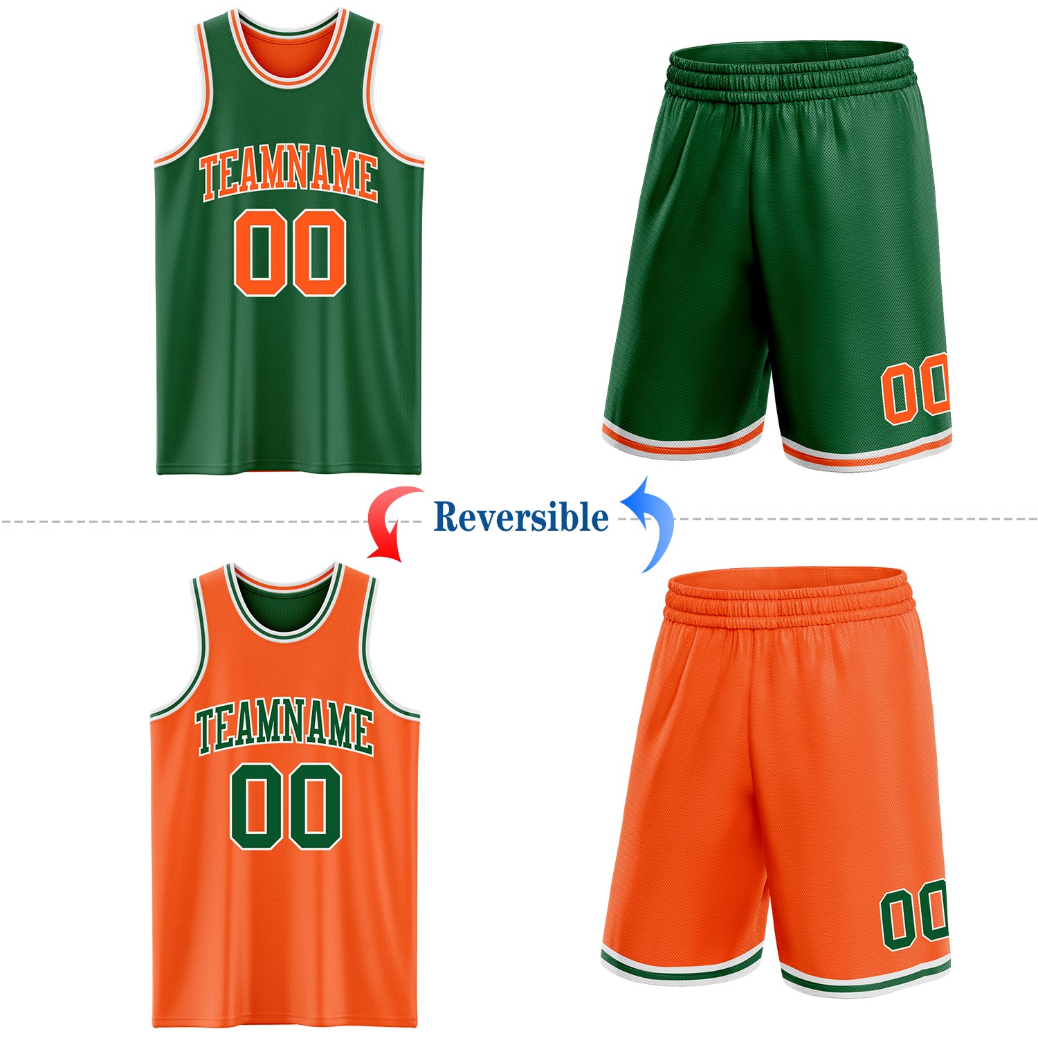 Custom Reversible Kelly Green Orange-White Double Side Sublimation Basketball Suit Jersey
