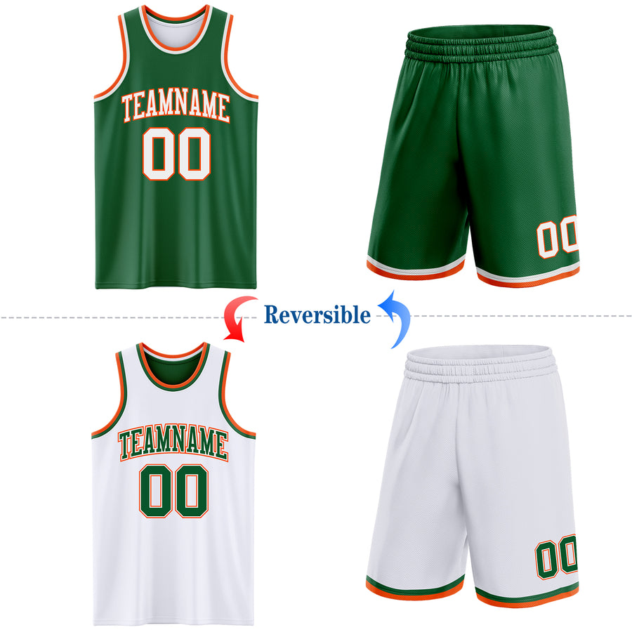 Custom Reversible Kelly Green White-Orange Double Side Sublimation Basketball Suit Jersey