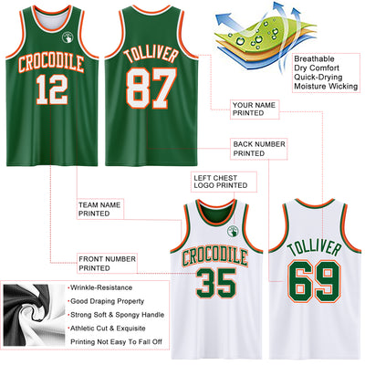 Custom Reversible Kelly Green White-Orange Double Side Sublimation Basketball Suit Jersey