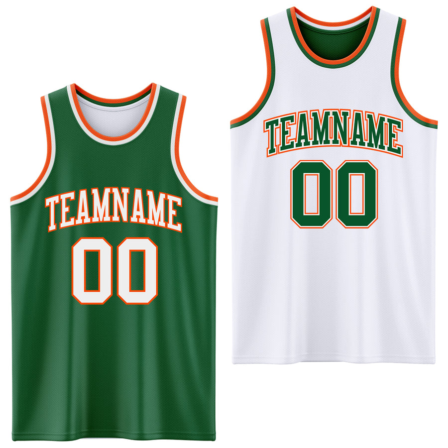 Custom Reversible Kelly Green White-Orange Double Side Sublimation Basketball Suit Jersey