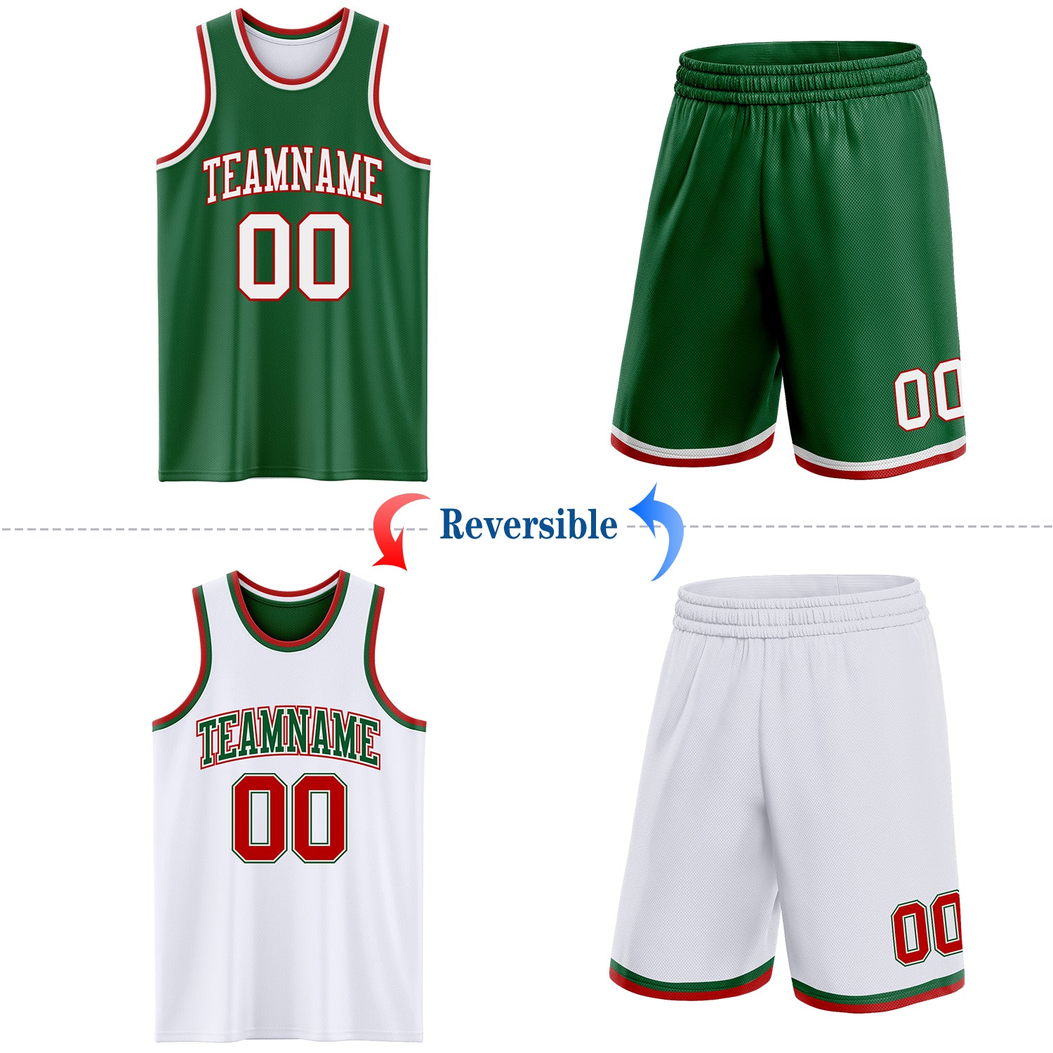 Custom Reversible Kelly Green White-Red Double Side Sublimation Basketball Suit Jersey
