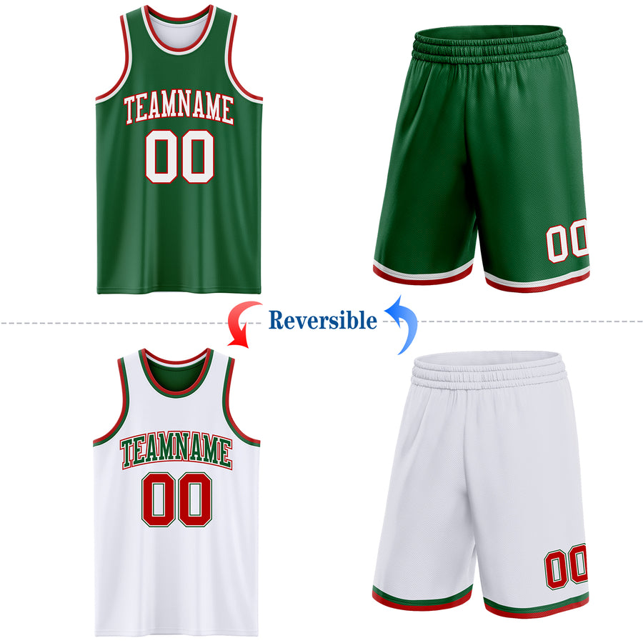 Custom Reversible Kelly Green White-Red Double Side Sublimation Basketball Suit Jersey