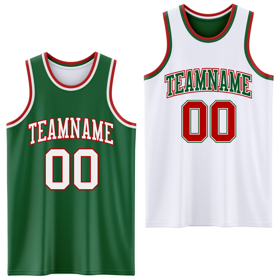 Custom Reversible Kelly Green White-Red Double Side Sublimation Basketball Suit Jersey