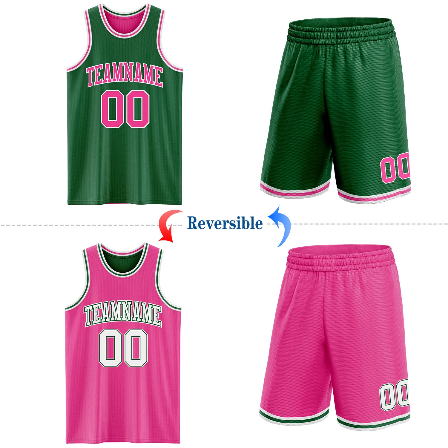 Custom Reversible Kelly Green Pink-White Double Side Sublimation Basketball Suit Jersey