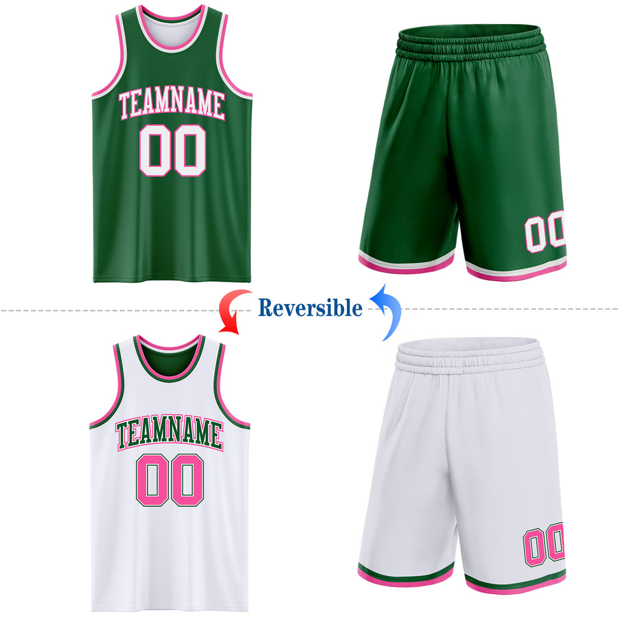 Custom Reversible Kelly Green White-Pink Double Side Sublimation Basketball Suit Jersey