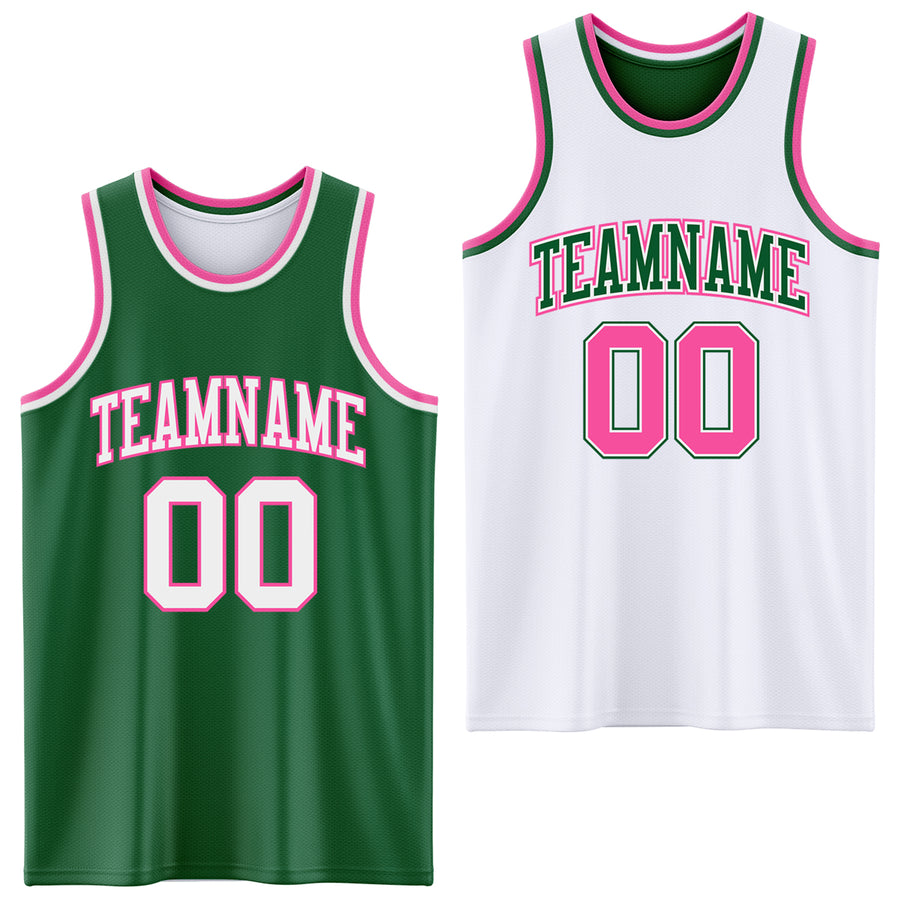 Custom Reversible Kelly Green White-Pink Double Side Sublimation Basketball Suit Jersey