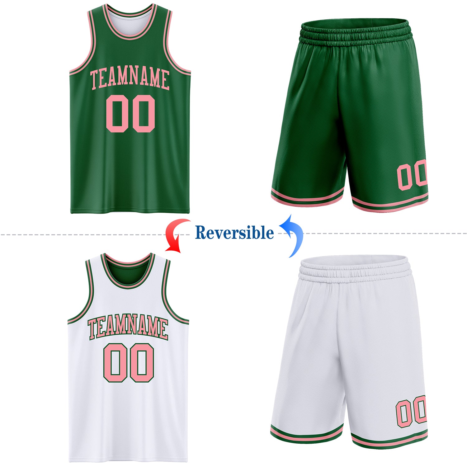 Custom Reversible Kelly Green Medium Pink Double Side Sublimation Basketball Suit Jersey