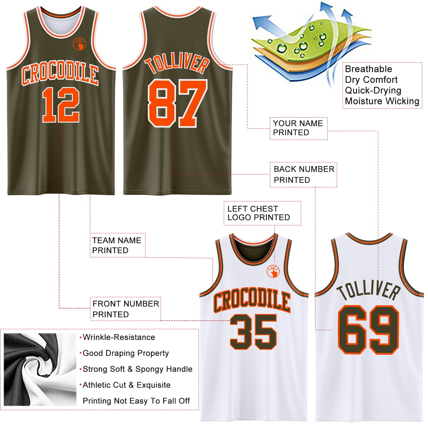 Custom Reversible Olive Orange-White Double Side Salute To Service Sublimation Basketball Suit Jersey