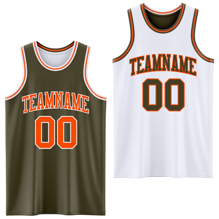 Custom Reversible Olive Orange-White Double Side Salute To Service Sublimation Basketball Suit Jersey