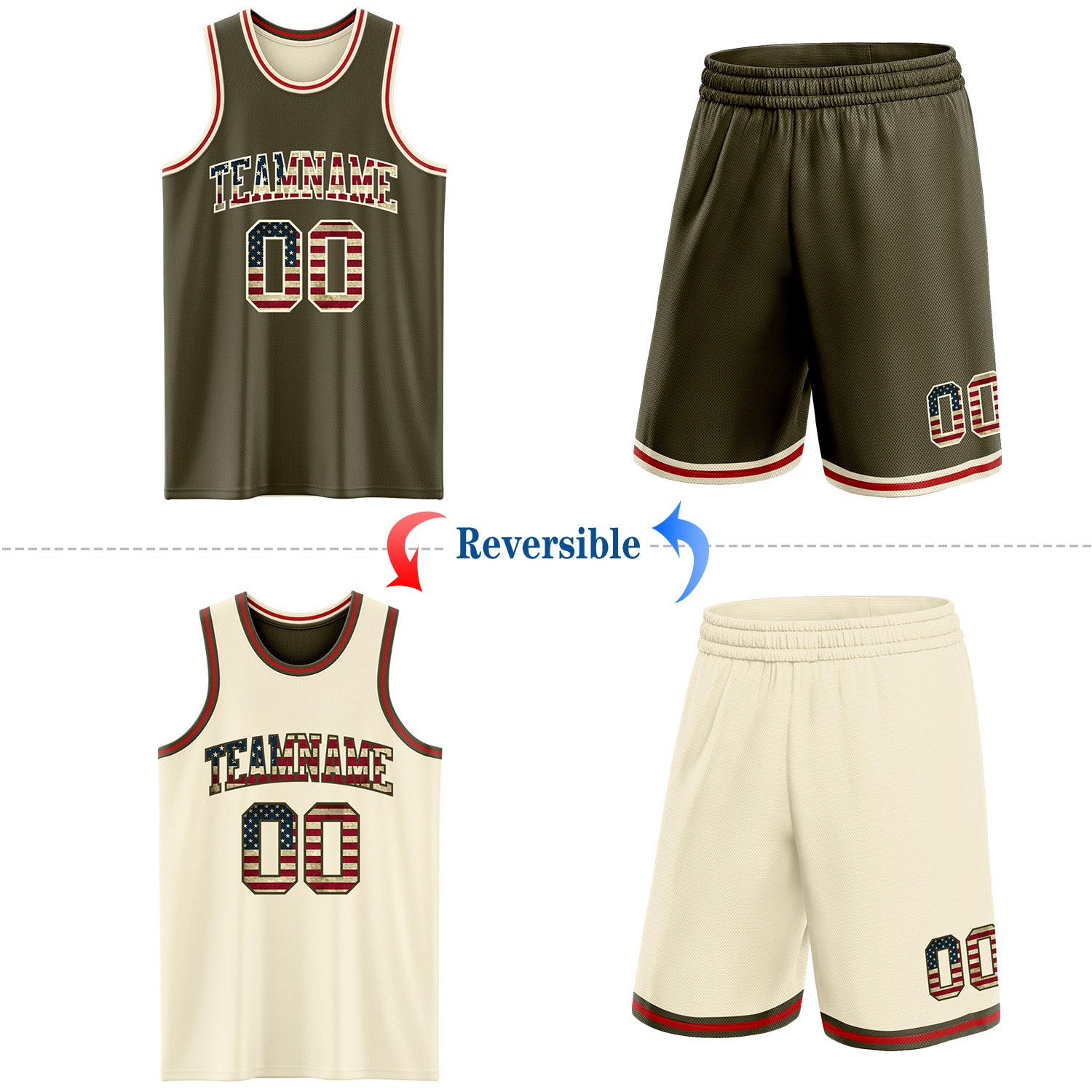 Custom Reversible Olive Vintage USA Flag Cream-Red Double Side Salute To Service Sublimation Basketball Suit Jersey