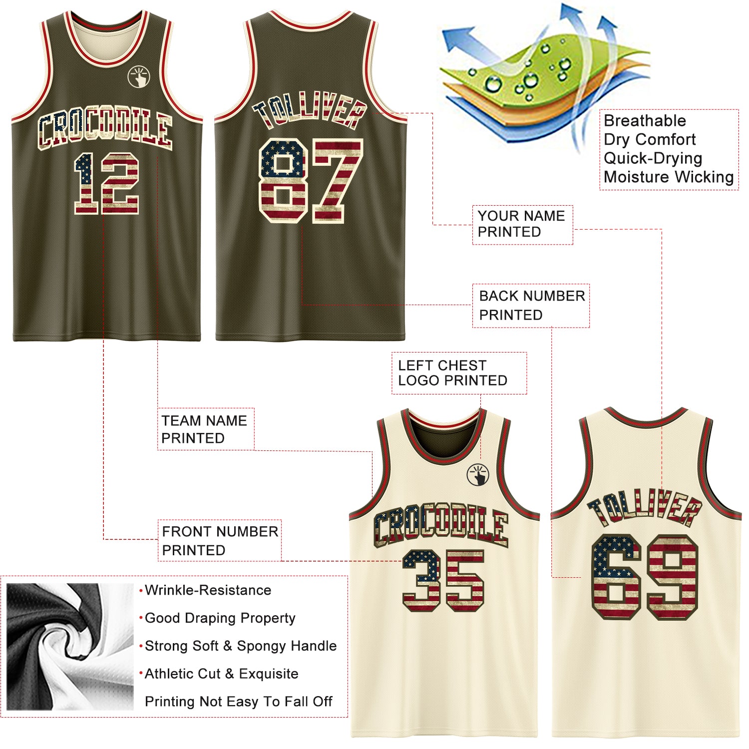 Custom Reversible Olive Vintage USA Flag Cream-Red Double Side Salute To Service Sublimation Basketball Suit Jersey