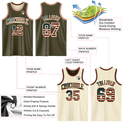 Custom Reversible Olive Vintage USA Flag Cream-Red Double Side Salute To Service Sublimation Basketball Suit Jersey
