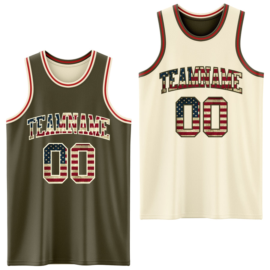 Custom Reversible Olive Vintage USA Flag Cream-Red Double Side Salute To Service Sublimation Basketball Suit Jersey
