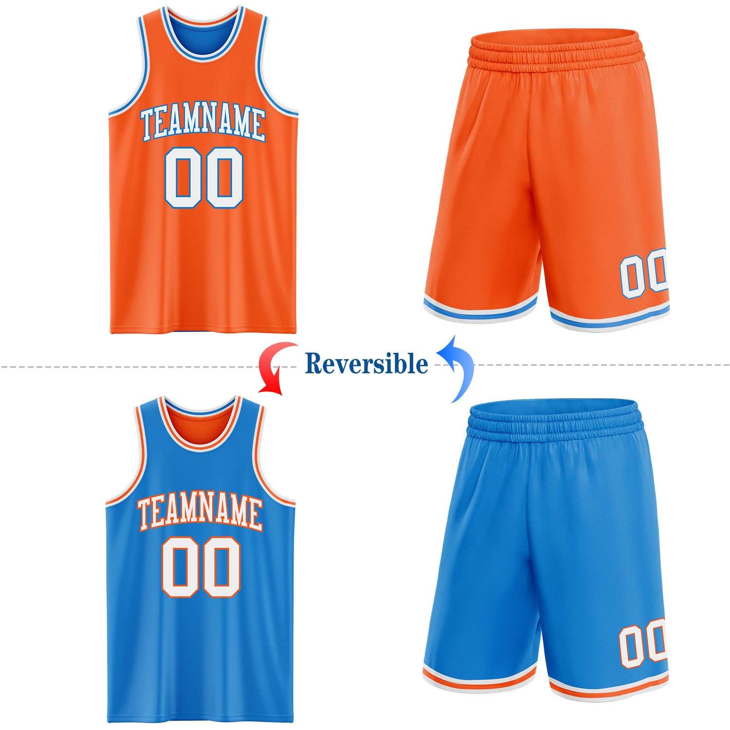 Custom Reversible Orange White-Powder Blue Double Side Sublimation Basketball Suit Jersey