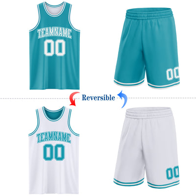 Custom Reversible Teal White Double Side Sublimation Basketball Suit Jersey