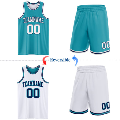Custom Reversible Teal White-Navy Double Side Sublimation Basketball Suit Jersey